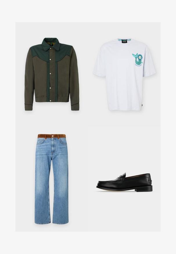 Grøn og brun jakke med trykknaplukning, krave og elastiske manchetter og nederdel. Har kontrasterende farvepaneler og subtil tekstur.; Hvid T-shirt med korte ærmer med lille blågrøn havfruetaille og sol-logo på venstre bryst, mærket "Scotch & Soda."; Lys blå denim jeans med en lige ben-design, der har en brun ruskindslinning, frontlommer og lynlåslukning.; Sort læder herre loafer med lav hæl og mokkasinsyning på tåen, vist fra siden på en ensfarvet baggrund.