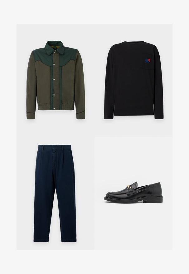 Grøn og brun jakke med trykknaplukning, krave og elastiske manchetter og nederdel. Har kontrasterende farvepaneler og subtil tekstur.; Les Benjamins LONG SLEEVE - Langærmet T-shirt - black; CLOSED BLOMBERG - Baggy jeans - dark blue; Sorte læder loafers med en rund tå, der har guld hardware accent og syningsdetaljer, placeret på en lav, tekstureret gummisål.