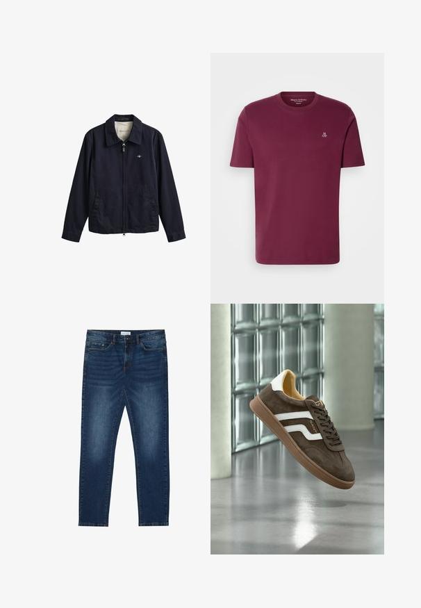 Veste zippée bleu marine avec col, deux poches avant et petit logo brodé sur la poitrine, étiquetée GANT à l'intérieur du col.; T-shirt en coton bordeaux avec un col rond, des manches courtes et un petit logo blanc "M OP" sur la poitrine. Texture lisse et coupe régulière.; Jean slim-fit bleu foncé avec des détails délavés, design classique à cinq poches, fermeture à bouton et passants de ceinture.; Baskets en daim marron avec des bandes latérales blanches et une semelle en gomme, présentées flottant à l'intérieur sur un sol en béton poli près de briques de verre.