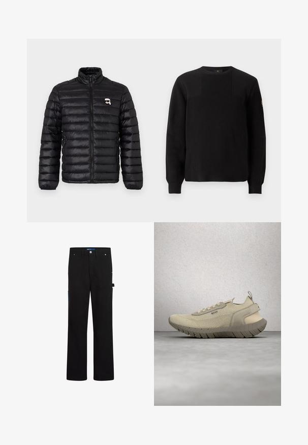 Sort pufferjakke med høj krave, horisontal quiltning og et logo på brystet. Lavet af skinnende materiale med elastiske manchetter og lynlåslukning.; Sort strikket sweater med ribbet tekstur, rund hals og lange ærmer. Har en subtil paneldesign og et lille logo på ærmet.; Sorte cargo bukser med lige skæring, der har to forlommer, en baglomme og blå detaljer på siden og i taljen.; Beige strikstrømpe med tyk, tekstureret sål og snørebånd, svævende over gråt gulv med store vinduesblokke i baggrunden.