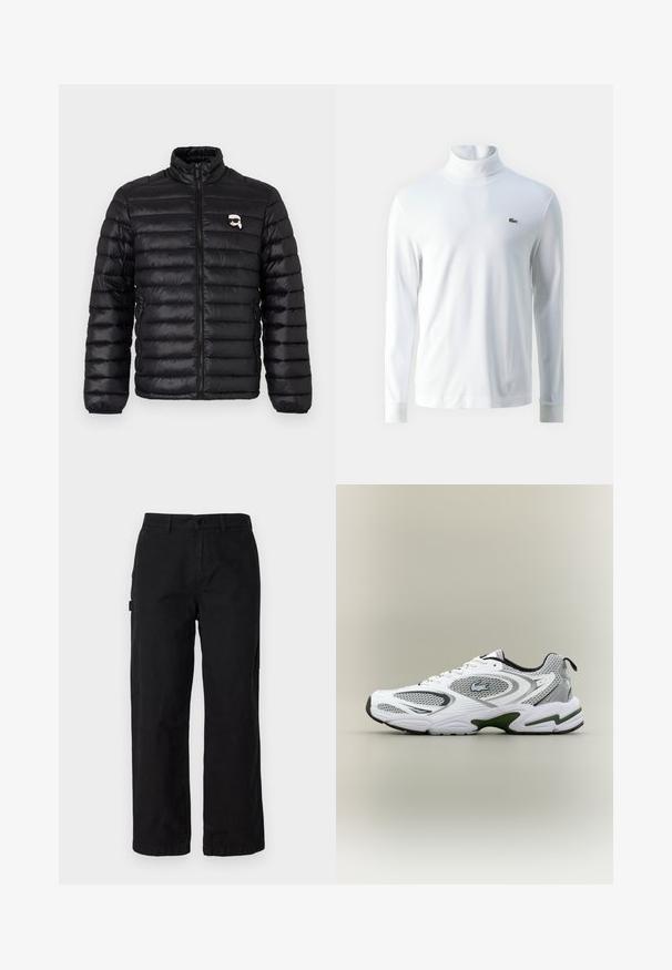 Sort pufferjakke med høj krave, horisontal quiltning og et logo på brystet. Lavet af skinnende materiale med elastiske manchetter og lynlåslukning.; Hvid langærmet turtleneck trøje lavet af blødt stof, med et lille grønt broderet logo på brystet og tætsiddende mancher.; Sorte bomulds cargo bukser med en lige ben-design, der har sidelommer og en frontknaplukning. Holdbart stof med en glat tekstur.; Hvid og grå sporty løbesko med mesh-paneler, grønne detaljer, sorte elementer og et logo på siden, vist fra ydersiden.