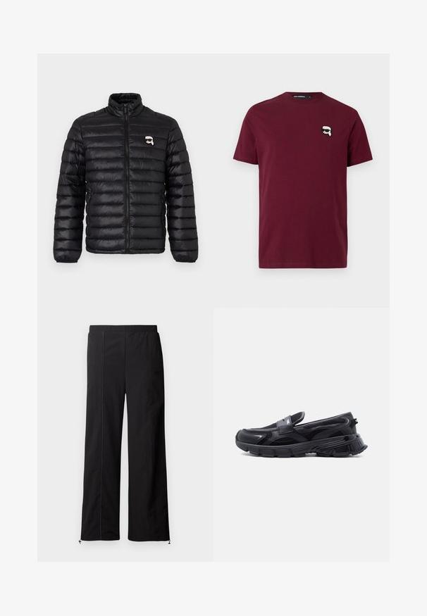 Sort pufferjakke med høj krave, horisontal quiltning og et logo på brystet. Lavet af skinnende materiale med elastiske manchetter og lynlåslukning.; Bordeaux kortærmet t-shirt med lille hvid og sort grafik af en person, der bærer solbriller, på venstre bryst.; Sorte bredde-bukser med en glat tekstur, elastisk talje og snøre-lukninger ved anklerne. Har kontrasterende syning som detalje.; Sort slip-on sneaker med tyk tekstureret sål og meshpaneler, designet til afslappet og atletisk brug.
