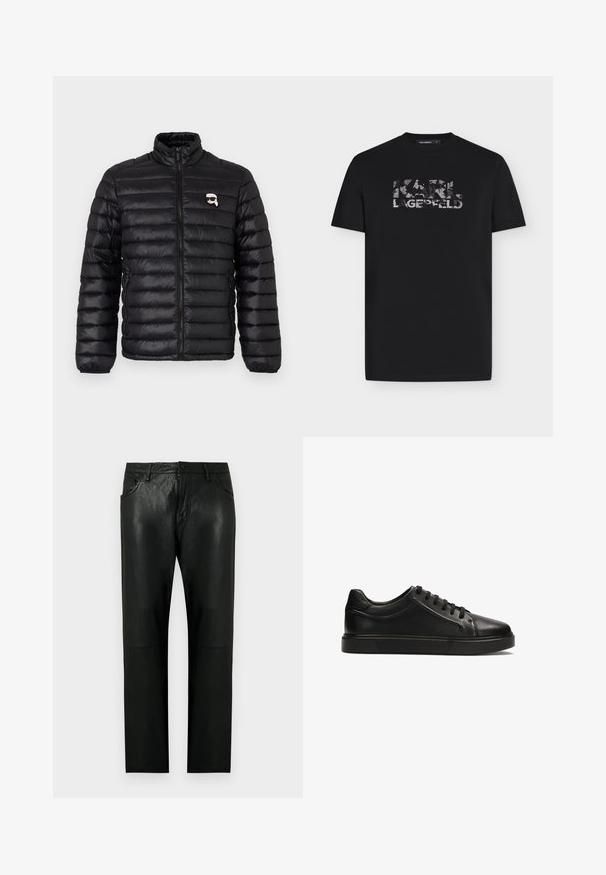 Sort pufferjakke med høj krave, horisontal quiltning og et logo på brystet. Lavet af skinnende materiale med elastiske manchetter og lynlåslukning.; Sort T-shirt med korte ærmer og rund halsudskæring med slidt "KARL LAGERFELD"-logo trykt hen over brystet.; Sorte bukser i imiteret læder med lige ben, forlommer, bæltestropper og knaplukning.; Sort lædersneaker med en glat overflade, rund tå, snørebånd foran, minimalistisk design og en tyk sort gummisål.