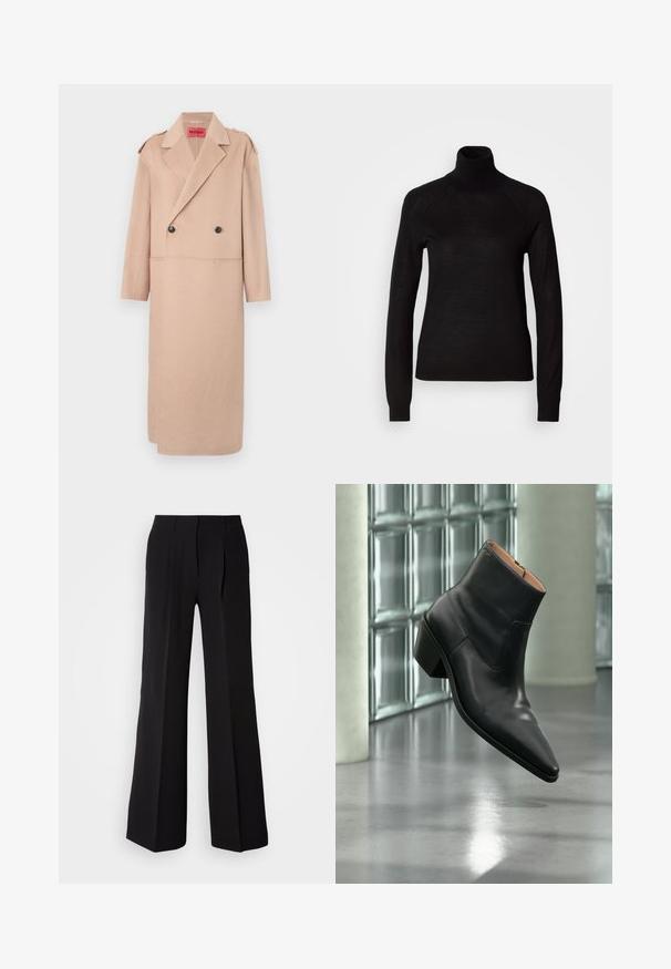 Manteau en laine mélangée beige avec un design à double boutonnage, grands revers et deux poches avant. Présente des boutons noirs et des détails aux épaules.; Pull à col roulé noir en tissu tricot léger. Avec des manches longues et une silhouette ajustée dotée de coutures raglan.; Pantalons noirs en tissu lisse, avec une taille haute, une coupe évasée et deux plis sur le devant pour un détail de conception supplémentaire.; Bottine en cuir noir avec un bout pointu et un talon carré lévitant au-dessus d'un sol gris réfléchissant près d'un mur en blocs de verre.