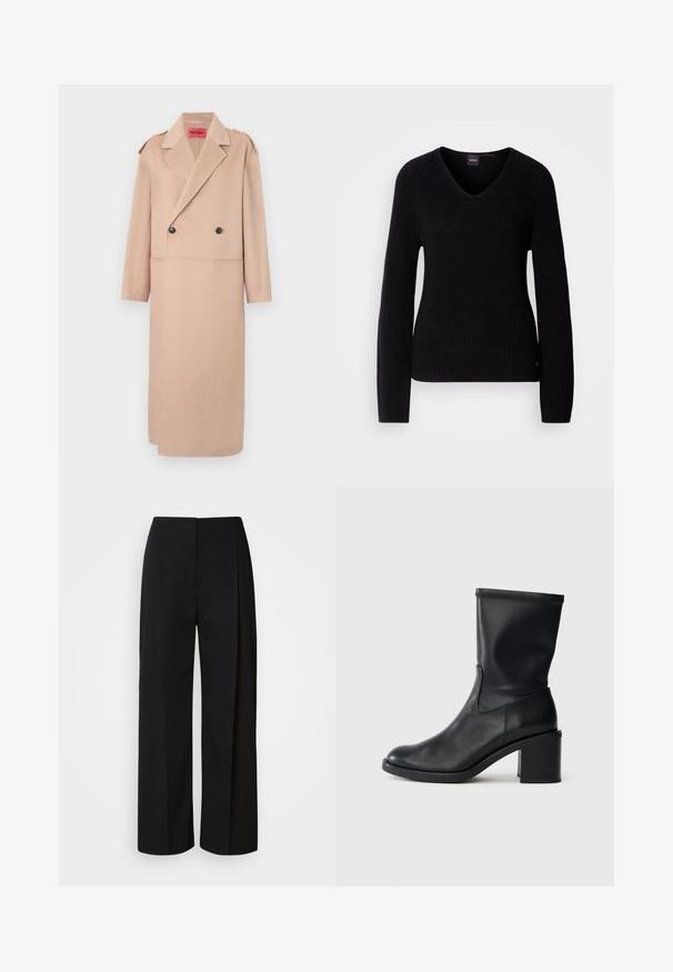 Beige uldblandet frakke med dobbeltradet design, store klapper og to forlommer. Har sorte knapper og skulderdetaljer.; Sort v-hals sweater med ribstrikket struktur, lange ærmer og diskrete perforeringer på siderne. Mærket er synligt i halsudskæringen.; Sorte højhåndede bukser med vide ben, skjult frontlukning, tilpassede syninger og et glat, struktureret stof.; Sort læder ankelstøvle med rund tå, glat tekstur og en grov hæl, der har et tætsiddende skaft og subtil syning.