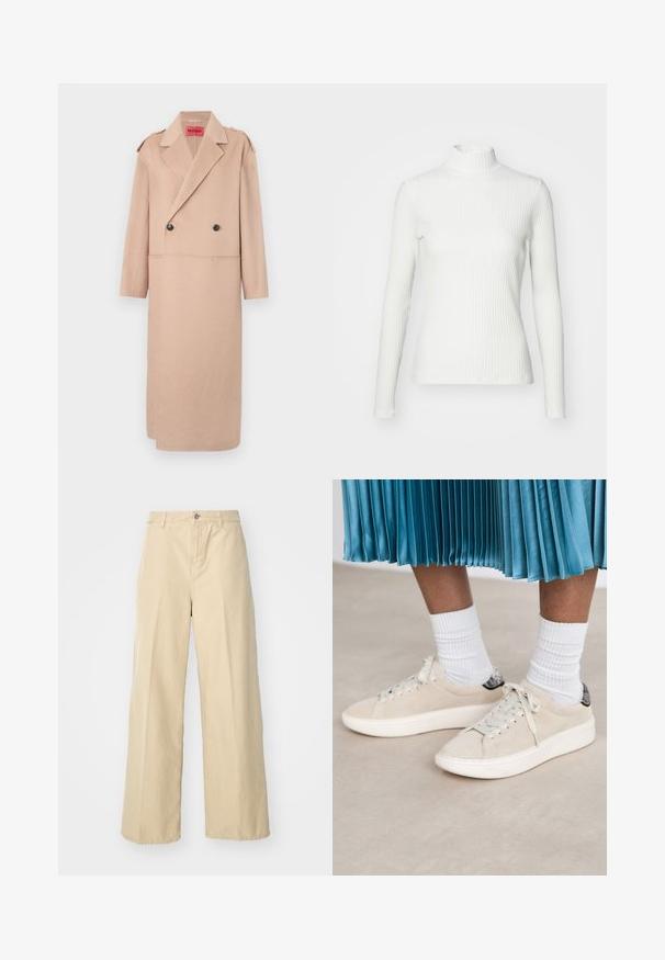 Beige uldblandet frakke med dobbeltradet design, store klapper og to forlommer. Har sorte knapper og skulderdetaljer.; Hvid ribbet turtleneck blouse med lange ærmer, lavet af elastisk stof. Har et tætsiddende design og høj hals for god dækning.; Beige brede bukser lavet af bomuld, med frontknaplukning, bæltestropper og et tekstureret stof.; Beige ruskindsneakers med en hvid gummisål og snørebåndsdesign. Accentueret med en struktureret sort hælflap. Båret med hvide ribbede sokker.