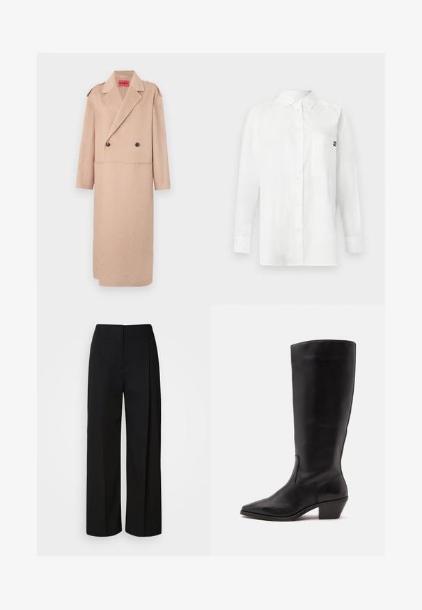 Beige uldblandet frakke med dobbeltradet design, store klapper og to forlommer. Har sorte knapper og skulderdetaljer.; Hvid langærmet skjorte lavet af bomuldsblandingsstof, med en button-down krave, brystlomme og et lille sort logo på brystet.; Sorte højhåndede bukser med vide ben, skjult frontlukning, tilpassede syninger og et glat, struktureret stof.; Sort læderstøvle til midtkalv med spids tå og lavt skråt hæl på en enkel lys baggrund.