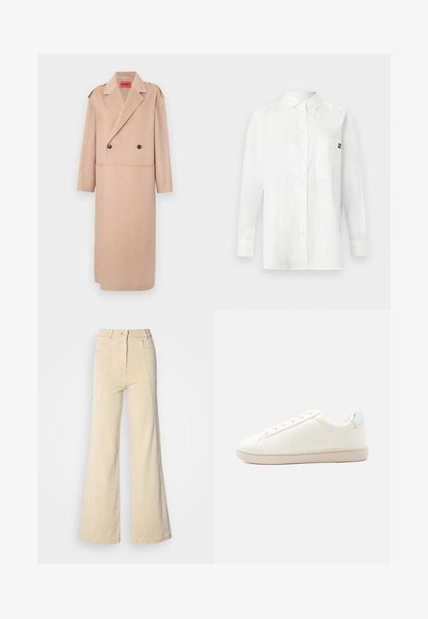 Beige uldblandet frakke med dobbeltradet design, store klapper og to forlommer. Har sorte knapper og skulderdetaljer.; Hvid langærmet skjorte lavet af bomuldsblandingsstof, med en button-down krave, brystlomme og et lille sort logo på brystet.; Beige vidde jeans med høj talje, forlommer og kontrasterende syninger, udstyret med en knaplukning og en glat bomuldsstruktur.; Hvid lavtop-sneaker med snørelukning foran, lys beige sål, subtilt syningsdesign på siden og metalisk sølvhælkappe.