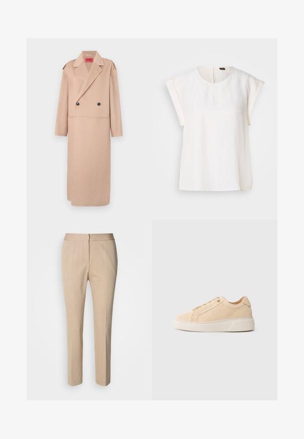 Beige uldblandet frakke med dobbeltradet design, store klapper og to forlommer. Har sorte knapper og skulderdetaljer.; Hvid bluse med korte ærmer, rund halsudskæring og løs pasform, med et lille sort og orange mærke på bagsiden af kraven.; Beige skræddersyede bukser med en tekstureret stof, slim fit, middelhøj talje og lige ben. Lynlås og knaplukning foran.; Beige ruskindssneaker med rundet tå, ton-i-ton syninger og en tyk hvid gummisål. Har flade snørebånd og et minimalistisk design.
