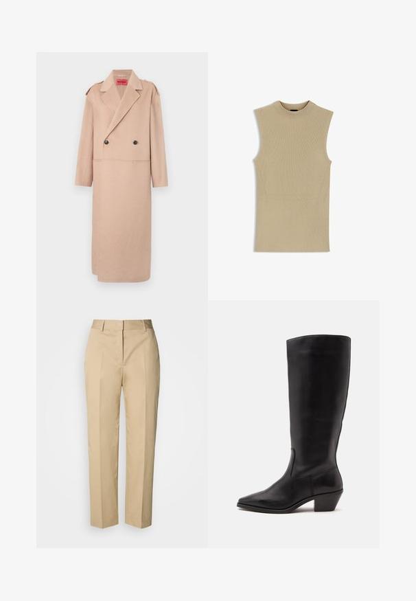Manteau en laine mélangée beige avec un design à double boutonnage, grands revers et deux poches avant. Présente des boutons noirs et des détails aux épaules.; BOSS FESKIES - Débardeur - light beige five; Pantalon beige à jambe droite avec passants pour ceinture, pli avant et fermeture dissimulée, présenté sur un fond clair.; Botte en cuir noire mi-mollet avec un bout pointu et un talon bas incliné sur un fond clair uni.