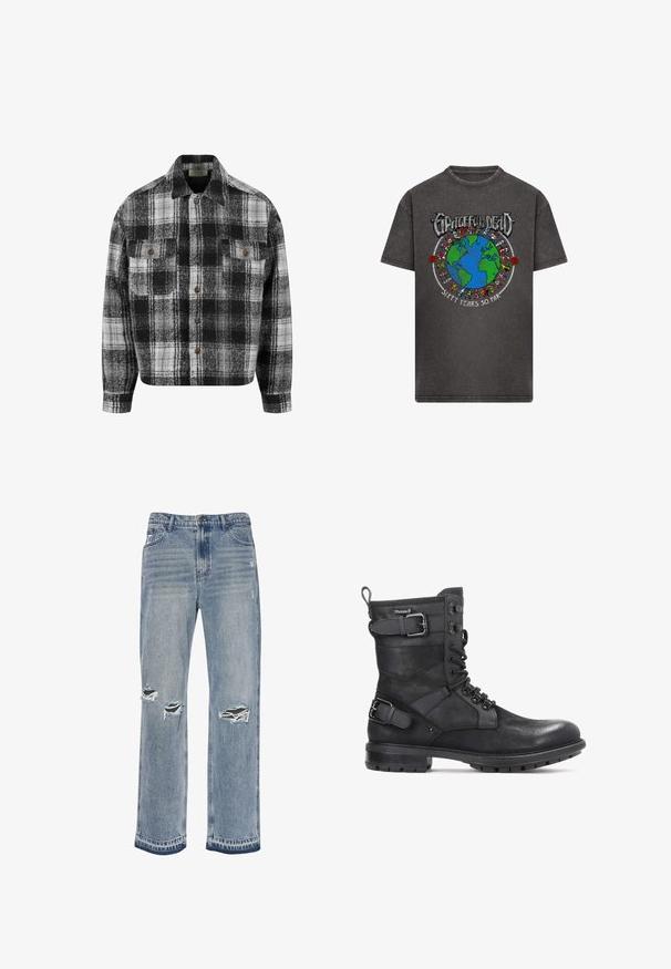 Chemise en flanelle à carreaux noir et blanc avec un col, deux poches avant et des boutons marron. Texture douce et design décontracté.; T-shirt gris foncé avec un graphique coloré de la Terre entouré d'ours dansants, le texte "Grateful Dead" au-dessus et "Soixante ans jusqu'à présent" en dessous.; Jeans en denim bleu clair usé avec une coupe droite, deux déchirures aux genoux et un léger dégradé sur le tissu.; Kazar HEARD - Bottines de cowboy / motard - black
