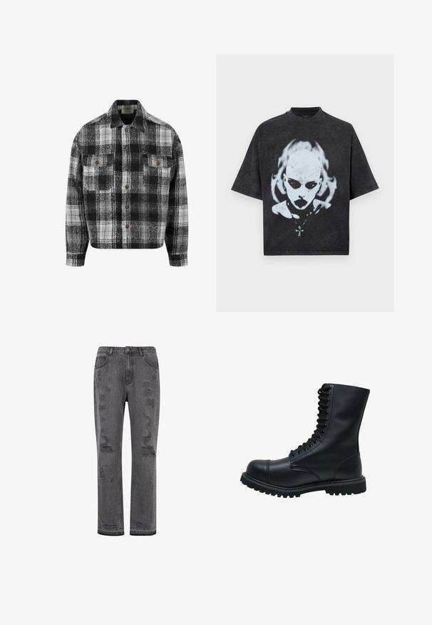 Veste en laine à carreaux noir, blanc et gris avec boutons, deux poches avant à rabat et boutons marron.; T-shirt noir oversize avec un graphisme blanc représentant une personne chauve aux yeux foncés, rouge à lèvres, piercings et un collier avec un pendentif en forme de croix.; Jean en denim gris, coupe droite avec un délavage usé, présentant des déchirures visibles et un ourlet légèrement effiloché, fermé par un bouton argenté.; Botte de combat en cuir noir à lacets avec semelle épaisse à crampons et bout renforcé, vue de côté sur fond blanc.