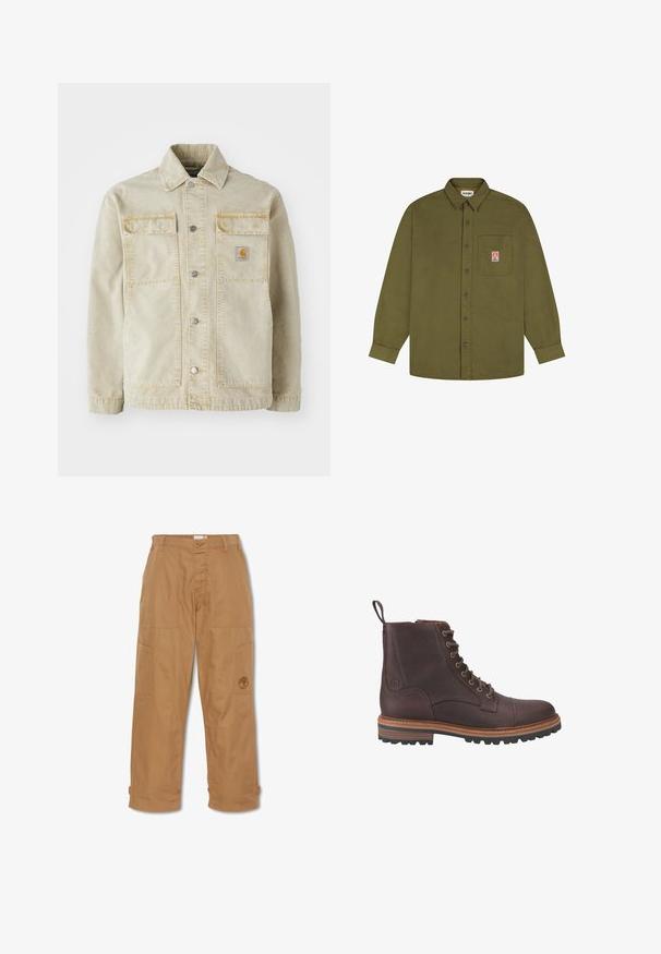 Beige denimjakke med knaplukning, to brystlommer, subtile sømme og et lille logo-patch på den venstre lomme.; Wrangler LOOSE FIT - Skjorter - beech; Khaki arbejdsbukser, lavet af slidstærkt stof, har flere lommer, knaplukning og broderet logo på låret.; Brune læder støvler med snørebånd ved anklen, med en tekstureret overflade, kontrasterende beige såler og metaløjer. Har en trækflig for nem påtagning.