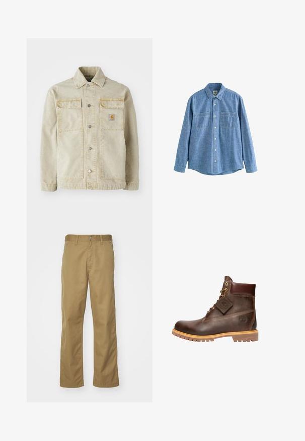 Beige spijkerjack met knoopsluiting, twee borstzakken, subtiele stiksels en een klein logo-patch op de linkerzak.; Blauw chambray overhemd met lange mouwen, knoopsluiting aan de voorkant en twee borstzakken, plat gelegd op een witte achtergrond.; Khaki chino's met een recht gesneden ontwerp, gemaakt van soepel katoenstof. Voorzien van een knoopsluiting aan de voorkant en zijzakken.; Bruine leren enkelboot met een ronde neus, stevige zool, hardware in goudkleur en een gestructureerde bovenkant. Inclusief een merklabel dat is bevestigd.