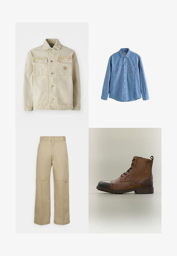 Chaqueta de denim beige con cierre de botones, dos bolsillos en el pecho, costura sutil y un pequeño parche logotipo en el bolsillo izquierdo.; Camisa azul de chambray de manga larga con botones al frente y dos bolsillos en el pecho, desplegada sobre un fondo blanco.; Pantalones de pierna ancha color beige, confeccionados con una tela resistente, que presentan una cintura alta, costuras visibles y un pequeño parche con logo en el lateral.; Bota de cuero marrón con cordones hasta el tobillo, puntera negra, suela redonda y detalle de marca en el lateral sobre un fondo liso.