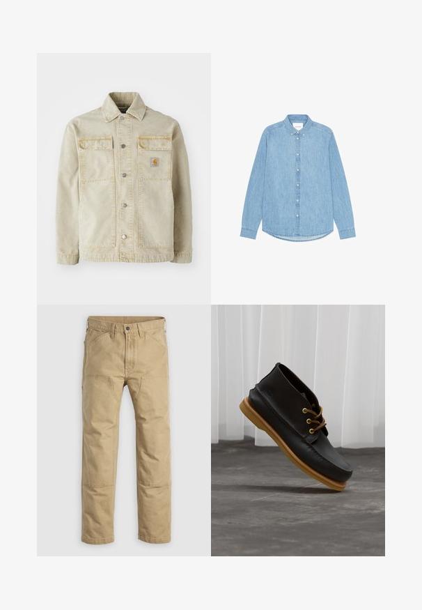 Veste en denim beige avec une fermeture à boutons, deux poches poitrine, des coutures discrètes et un petit patch logo sur la poche gauche.; Chemise en denim bleu clair à manches longues, avec col pointu et ourlet arrondi. Dotée d'une fermeture à boutons sur le devant et d'un petit logo.; Pantalon de travail kaki en coton robuste, doté d'une coupe droite, de renforts aux genoux et de multiples poches avant.; Chaussures en cuir noir avec une finition lisse, bout rond, lacets marron et semelles en caoutchouc marron clair. Logo embossé sur le côté.