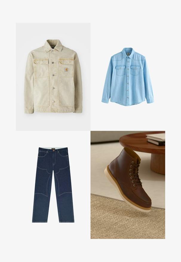 Beige denimjakke med knaplukning, to brystlommer, subtile sømme og et lille logo-patch på den venstre lomme.; Lyseblå denimskjorte med lange ærmer, knapper foran og to brystlommer med knaplukning.; Mørkeblå denimjeans med forstærkede knæpaneler, fem lommer, kontrastsyning og lukning med knap i taljen.; Brune læderankelstøvle med beige sål på et struktureret beige tæppe ved siden af et rundt træbord med stakke af bøger.