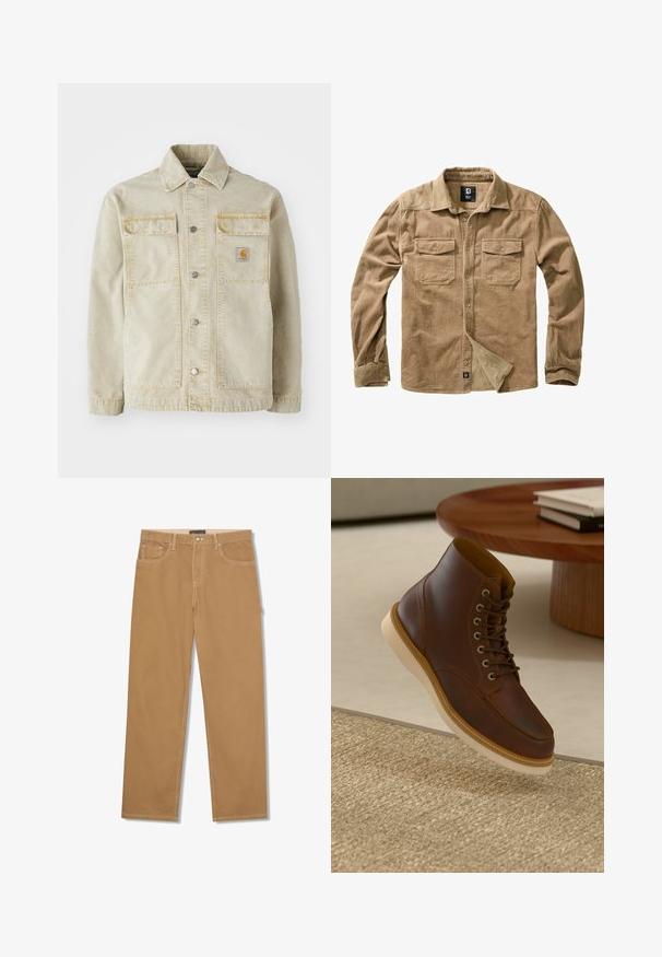 Veste en denim beige avec une fermeture à boutons, deux poches poitrine, des coutures discrètes et un petit patch logo sur la poche gauche.; Chemise en velours côtelé beige à manches longues, fermeture à boutons, deux poches sur la poitrine et texture côtelée subtile. Présente une étiquette de marque en bas.; Pantalon marron clair à jambes droites avec bouton et fermeture éclair devant, poches avant et poche monnaie, avec coutures blanches visibles.; Bottine en cuir marron avec semelle beige sur un tapis beige texturé à côté d'une table ronde en bois avec des livres empilés.