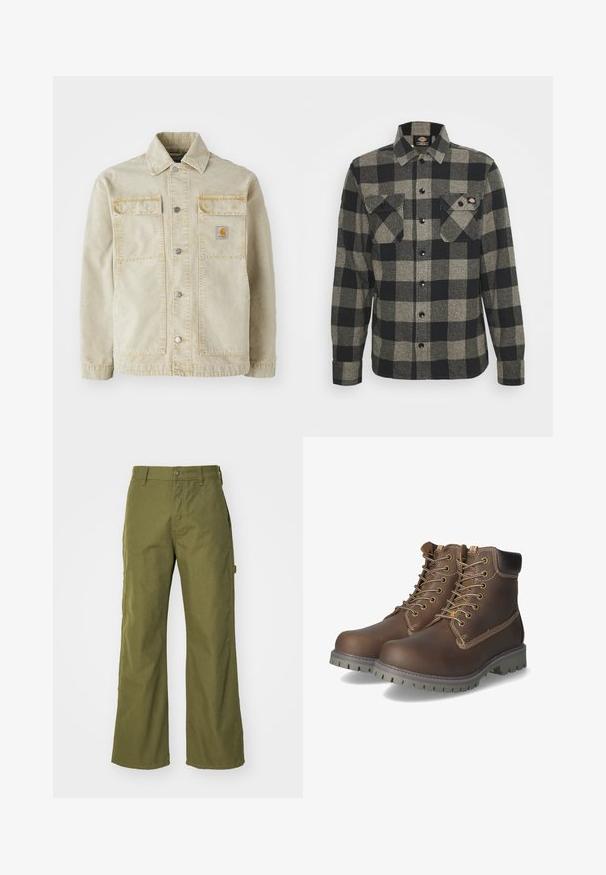 Veste en denim beige avec une fermeture à boutons, deux poches poitrine, des coutures discrètes et un petit patch logo sur la poche gauche.; Chemise en flanelle à carreaux noirs et gris, à manches longues, à boutonnière à l'avant, avec deux poches sur la poitrine et un ourlet légèrement arrondi. Tissu texturé.; Pantalons larges vert olive en tissu durable, dotés d'une fermeture à bouton, de poches latérales et d'un design à ourlet droit.; Bottines en cuir marron avec lacets, col rembourré, coutures contrastantes et semelle en caoutchouc robuste avec motifs de traction.