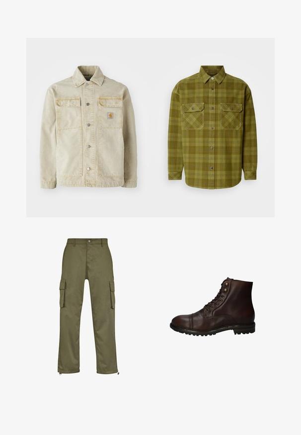 Chaqueta de denim beige con cierre de botones, dos bolsillos en el pecho, costura sutil y un pequeño parche logotipo en el bolsillo izquierdo.; Camisa de cuadros verdes hecha de algodón, con cuello de botón, dos bolsillos frontales con solapas y mangas largas con puños abotonados.; Pantalones cargo de color verde oliva con corte recto, dos bolsillos laterales y detalles de cremallera en los puños. Fabricados con un tejido duradero.; Bota de tobillo de cuero marrón oscuro con cordones, suela de goma resistente y ojales de metal, vista desde el lado exterior.