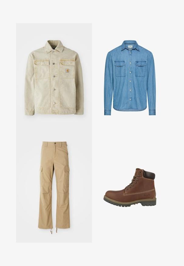 Beige denimjakke med knaplukning, to brystlommer, subtile sømme og et lille logo-patch på den venstre lomme.; Lyseblå denimskjorte med lange ærmer, knapper foran, to brystlommer med klap og spidst krave.; Khaki cargo bukser lavet af slidstærkt stof, der har flere sidelommer, en lige ben-design og justerbare snore i kanten.; Brun læderankelstøvle med metalliske huller, cremefarvet syning og en gummisål. Inkluderer en polstret krave og et præget logo på siden.