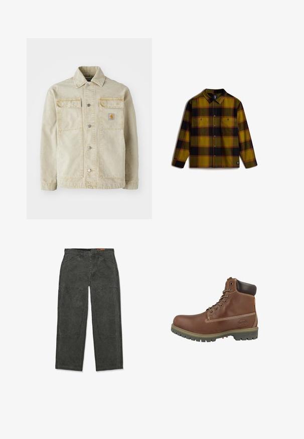 Veste en denim beige avec une fermeture à boutons, deux poches poitrine, des coutures discrètes et un petit patch logo sur la poche gauche.; Chemise en flanelle avec un motif à carreaux jaune, vert, noir et rouge. Elle comporte deux poches poitrine, une fermeture boutonnée à l'avant et un col. Texture douce.; Pantalon gris foncé à jambes droites avec renforts aux genoux, poches avant, passants pour ceinture et fermeture par boutons.; Bottine en cuir marron avec un bout rond, un col rembourré, des coutures blanches et une semelle en caoutchouc avec motif antidérapant.