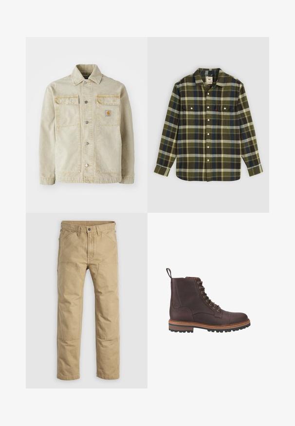 Beige spijkerjack met knoopsluiting, twee borstzakken, subtiele stiksels en een klein logo-patch op de linkerzak.; Groene geruite flanellen overhemd met lange mouwen, voorzien van twee borstzakken en witte knopen. Materiaal heeft een zachte textuur en een casual ontwerp.; Khaki werkkledingbroek van stevig katoen, met een rechte pijp, verstevigde knieën en meerdere voorzakken.; Bruine leren veterschoenen tot boven de enkel met een gestructureerde afwerking, contrasterende beige zolen en metalen veteroogjes. Voorzien van een trekkoordje voor gemakkelijk aan- en uittrekken.
