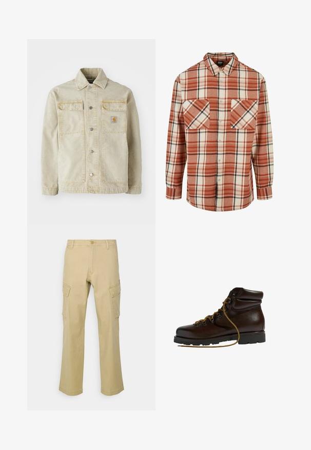 Beige denimjakke med knaplukning, to brystlommer, subtile sømme og et lille logo-patch på den venstre lomme.; Rude skjorte i orange og creme med sorte accenter. Fremstillet af tekstureret stof med krave og to brystlommer.; Beige cargo bukser med lige ben, lavet af bomuld, med to sidelommer og knaplukning i taljen.; Brun læder vandrestøvle med en afrundet tå, tekstureret overflade, gule snørebånd og metaløjer. Har en robust sort gummisål.