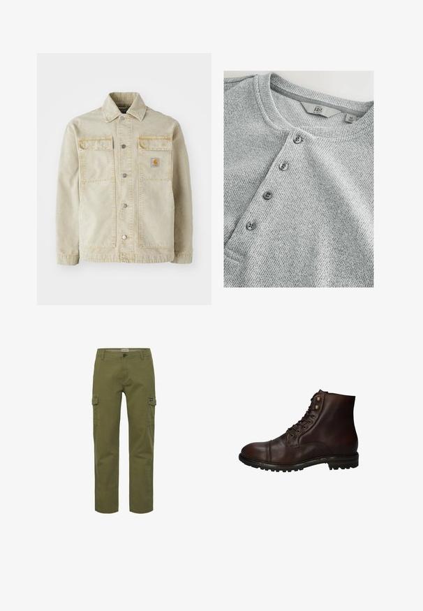 Veste en denim beige avec une fermeture à boutons, deux poches poitrine, des coutures discrètes et un petit patch logo sur la poche gauche.; Chemise en tricot gris à manches longues avec col rond, patte de boutonnage à cinq boutons, texture côtelée et design ajusté. L'étiquette indique la taille M.; Pantalons cargo en vert olive, avec une coupe droite, des poches avant et latérales, et une fermeture à bouton. Fabriqués en tissu en coton durable.; Bottines montantes en cuir brun foncé à lacets, avec une semelle en caoutchouc robuste et des œillets en métal, vues du côté extérieur.