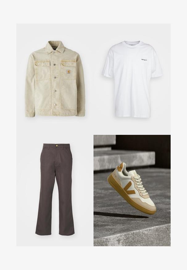 Beige denimjakke med knaplukning, to brystlommer, subtile sømme og et lille logo-patch på den venstre lomme.; Hvid bomulds t-shirt, kortærmet, rund halsudskæring, med et lille sort logo på venstre bryst. Glat tekstur, lige kant.; Brune, lige ben bukser lavet af bomuld. Har en frontknap lukning, bæltestropper og sidelommer. Simpelt, rent design.; V-90 sneaker med en hvid overdel i læder med beige og brune accenter, teksturerede detaljer og en gummisål. Teksturerede snørebånd fuldender designet.