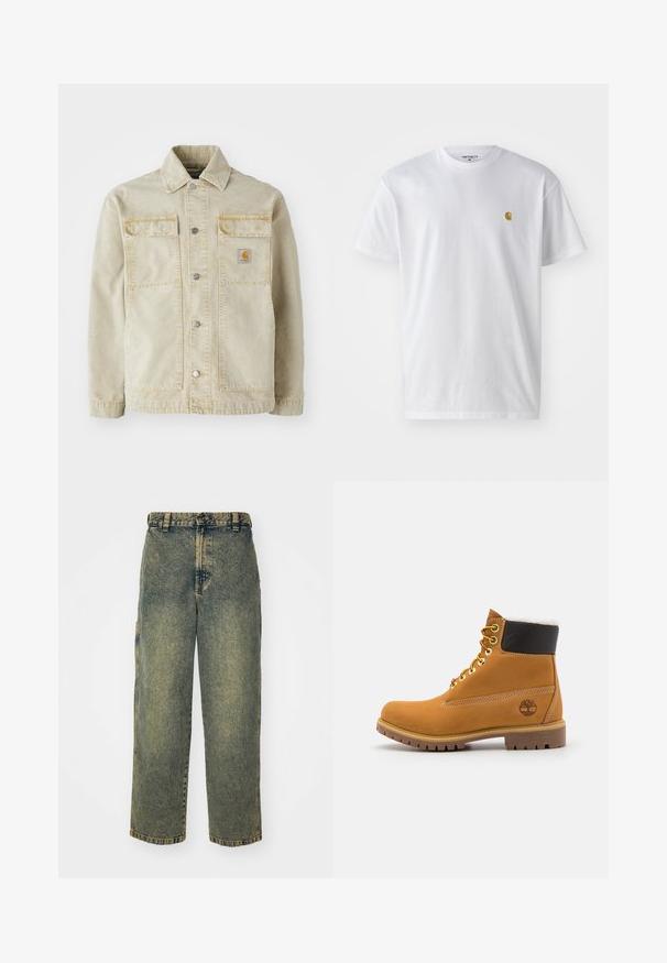 Beige denimjakke med knaplukning, to brystlommer, subtile sømme og et lille logo-patch på den venstre lomme.; Hvid bomulds t-shirt med korte ærmer, rund hals og et lille guld logo på venstre brystområde. Blød tekstur og almindelig pasform.; Slidse denim jeans i en falmet blå og grøn vask. Har en knaplukning, bælteløkker og sidelommer. Flad front og lige ben-design.; Brune læder ankelstøvle med metaløjer, hvid pelsforing, sort polstret krave, robust sål og præget logo på siden.