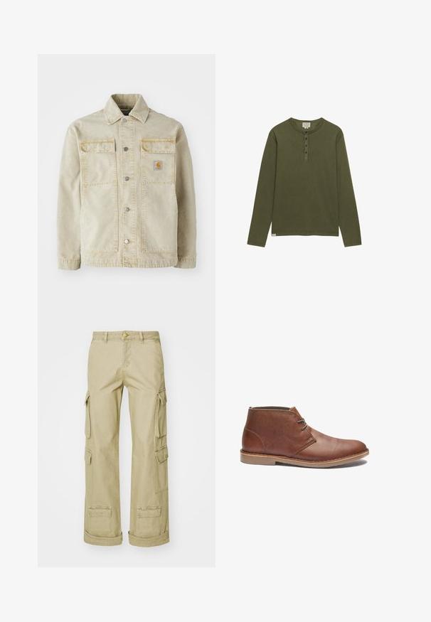Chaqueta de denim beige con cierre de botones, dos bolsillos en el pecho, costura sutil y un pequeño parche logotipo en el bolsillo izquierdo.; Camisa henley de manga larga en verde oliva con cuatro botones negros y cuello redondo, mostrada sobre un fondo blanco.; Pantalones cargo beige confeccionados en tela duradera, con múltiples bolsillos laterales, cierre de botón y un ajuste holgado.; Botas de cuero marrón hasta el tobillo con un diseño elegante, que cuentan con un lace sencillo, punta redondeada y suela de goma. Textura suave con acentos cosidos.