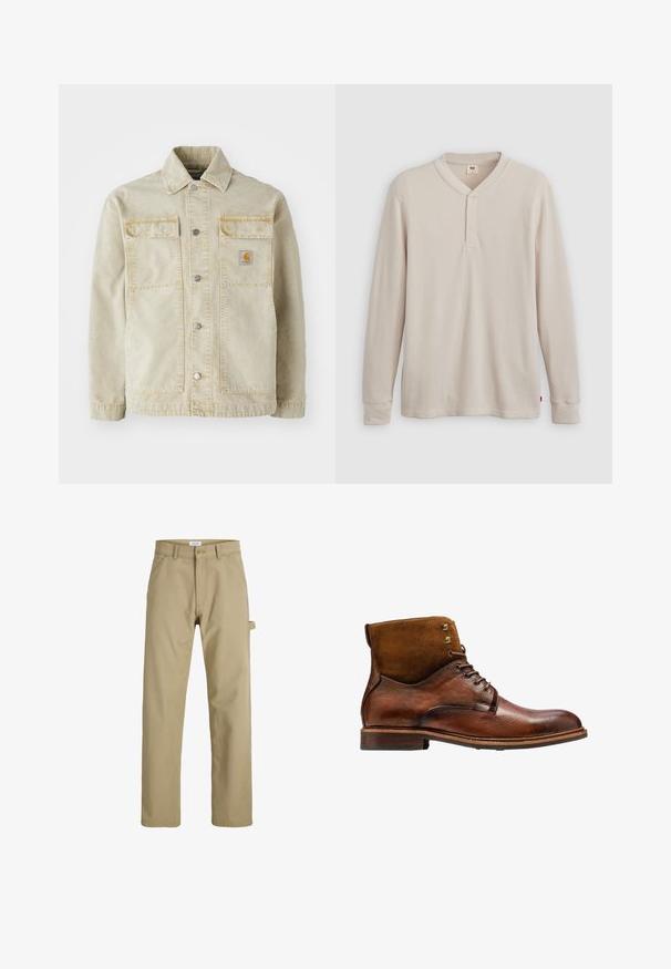Beige spijkerjack met knoopsluiting, twee borstzakken, subtiele stiksels en een klein logo-patch op de linkerzak.; Lange mouwen henley-shirt in lichtbeige ribbelstof, met een V-hals, een drieknoopsluiting en manchetten. Rode logo-label aan de onderkant.; Khaki rechte broek met riemlussen, voorste knoop, ritssluiting, twee voorzakken en een zijlus voor gereedschap op een witte achtergrond.; Kazar ALID - Veterboots - brown