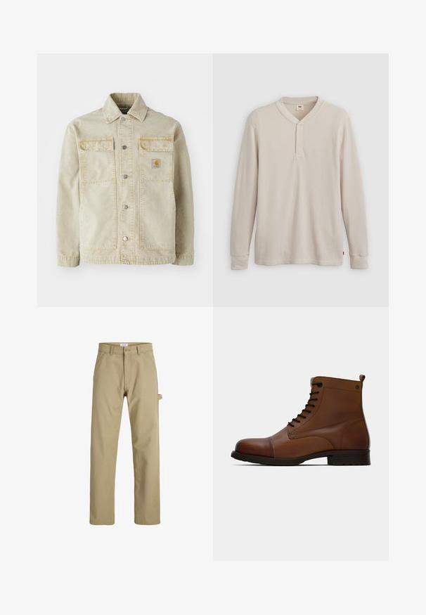 Beige denimjakke med knaplukning, to brystlommer, subtile sømme og et lille logo-patch på den venstre lomme.; Langærmet henley-skjorte i lys beige ribbet stof, med V-hals, tre-knap placket og manchetter ved ærmerne. Rød logo-tags ved kanten.; Kaki bukser med lige ben, bæltestropper, frontknap, lynlås, to forlommer og en sidelomme til værktøj på en hvid baggrund.; Jack & Jones JFWSHAUN BOOT - Snørestøvletter - cognac