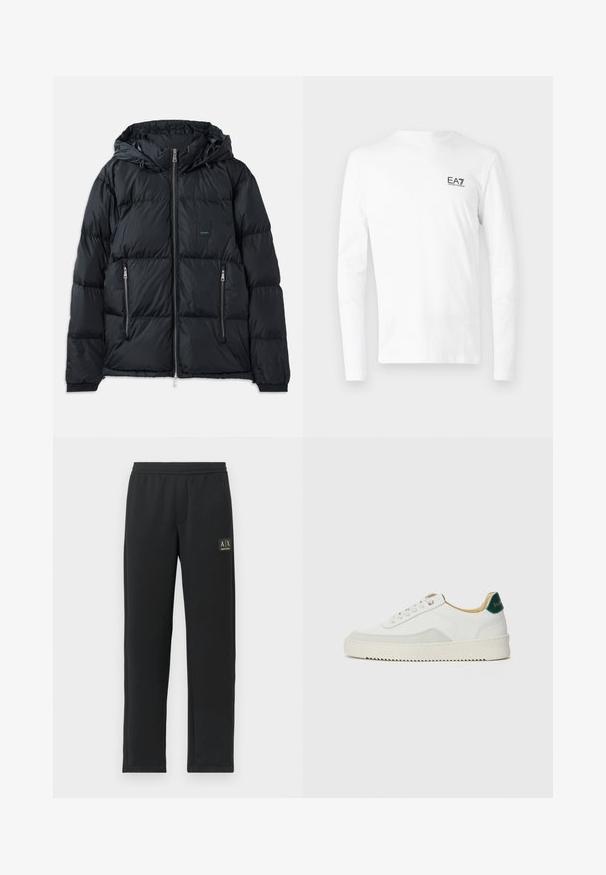 Chaqueta acolchada negra con cierre delantero, capucha ajustable, dos bolsillos laterales con cremallera y un diseño texturizado acolchado. Presenta un parche de logo.; Camiseta blanca de manga larga hecha de algodón, con un pequeño logo negro de EA7 en el lado izquierdo del pecho. Diseño simple con cuello redondo.; Pantalones de chándal negros de pierna recta con cintura elástica y logotipo negro en el muslo izquierdo superior.; Zapatilla blanca con acentos de ante, puntera redondeada, cordones planos y suela de goma color crema. Presenta un logo verde en el talón.