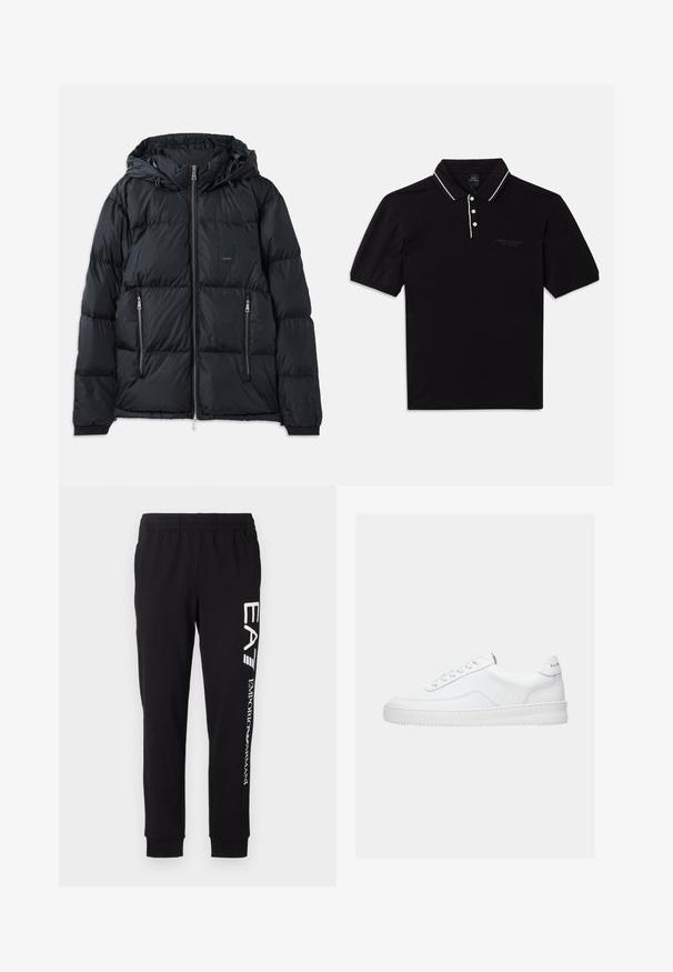 Doudoune noire avec fermeture éclair sur le devant, capuche ajustable, deux poches latérales zippées, et un design texturé et matelassé. Présente un patch logo.; Polo noir en coton avec col, trois boutons, accents blancs et un logo discret sur le devant. Manches courtes.; Pantalons de survêtement noirs fabriqués en tissu extensible. Dotés d'une taille élastique, de poignets resserrés et d'un marquage blanc sur la jambe gauche.; Baskets basses blanches avec un design à lacets, dessus en cuir lisse et semelle épaisse, montrées de profil sur un fond uni.
