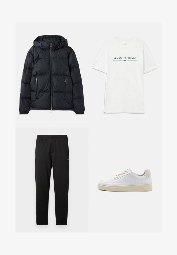 Chaqueta acolchada negra con cierre delantero, capucha ajustable, dos bolsillos laterales con cremallera y un diseño texturizado acolchado. Presenta un parche de logo.; Camiseta de algodón blanca de manga corta, con un logo en azul y verde de "ARMANI EXCHANGE" y "1991" centrado debajo.; Pantalones deportivos negros hechos de tela suave. Cintura y puños elásticos. Cuenta con un pequeño logo en el lateral. Diseño de pierna recta.; Zapatilla blanca con parte superior de cuero suave, cordones beige y un tirador de talón de ante beige texturizado. Suela elevada para mayor altura.