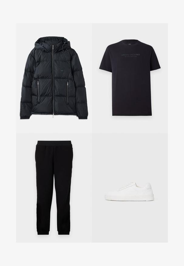 Chaqueta acolchada negra con cierre delantero, capucha ajustable, dos bolsillos laterales con cremallera y un diseño texturizado acolchado. Presenta un parche de logo.; Camiseta de algodón negra de manga corta, con cuello redondo y un ajuste ligeramente relajado. Presenta "ARMANI EXCHANGE MILANO / NEW YORK" en texto gris oscuro.; Pantalones de chándal negros hechos de un material suave, con una banda elástica en la cintura, puños ajustados y bolsillos laterales para mayor comodidad.; Zapatilla blanca con parte superior de cuero suave, puntera redondeada, cordones, acentos laterales texturizados y suela de goma gruesa. Diseño minimalista.