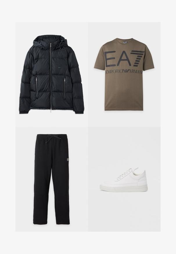 Chaqueta acolchada negra con cierre delantero, capucha ajustable, dos bolsillos laterales con cremallera y un diseño texturizado acolchado. Presenta un parche de logo.; Camiseta marrón de manga corta con gran logo negro "EA7" y logo más pequeño "EMPORIO ARMANI" en el pecho.; Pantalones deportivos negros con cintura elástica y cordón, con un pequeño parche rectangular con el logo EA7 en la parte superior del muslo izquierdo.; Zapatilla blanca de cuero con punta redondeada, suela plana y cierre de cordones. Presenta detalles de costuras y un cuello acolchado para mayor comodidad.