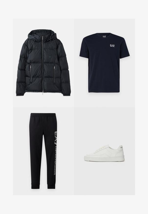 Chaqueta acolchada negra con cierre delantero, capucha ajustable, dos bolsillos laterales con cremallera y un diseño texturizado acolchado. Presenta un parche de logo.; Camiseta negra de manga corta con cuello redondo y pequeño logo blanco EA7 Emporio Armani en el pecho izquierdo.; Pantalones de chándal negros hechos de una mezcla de algodón, con una cinturilla elástica, piernas estrechas, puños acanalados y estampado de logo blanco en el lateral.; Zapatilla de cuero blanca con un acabado suave, puntera redonda, cordones planos y suela texturizada. Cuenta con un sutil logo en el talón.