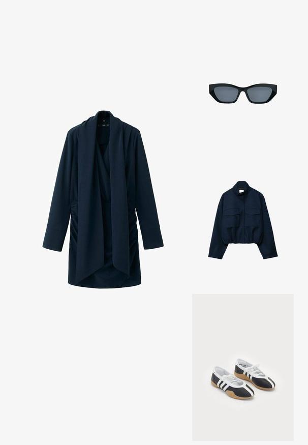 Veste courte bleu marine avec col montant, deux grandes poches à rabat à l'avant, manches longues et ourlet élastiqué.; Manteau portefeuille bleu marine à manches longues, devant drapé et détails froncés sur les côtés, confectionné dans un tissu doux et texturé.; Baskets de sport noir et blanc au design élégant, semelle en caoutchouc, fermeture à lacets et trois rayures blanches sur les côtés.; Lunettes de soleil noires style œil de chat avec des montures épaisses et des verres teintés foncés, présentées sur fond blanc.