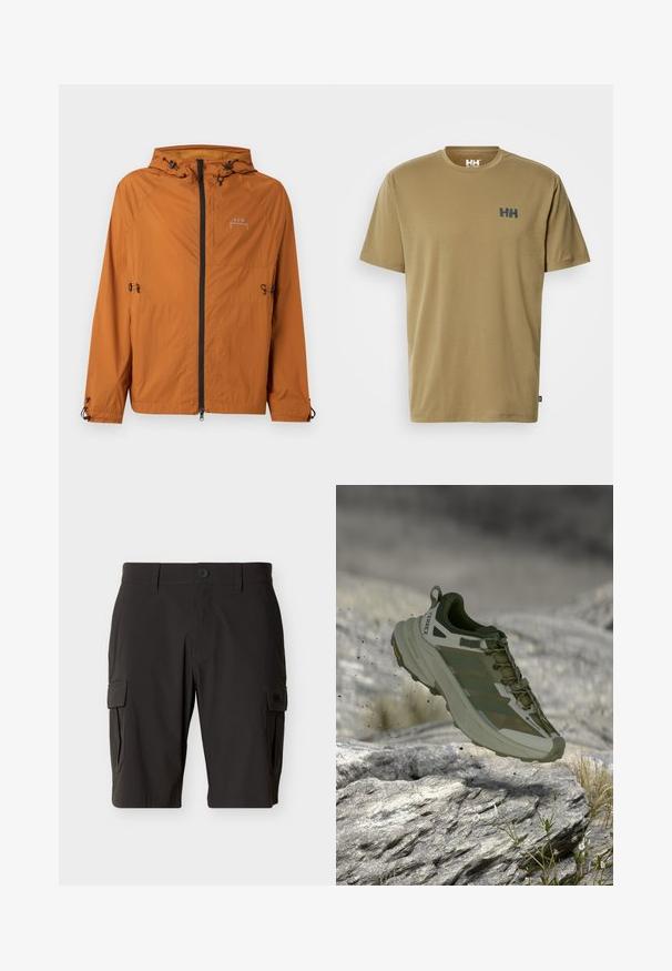 Veste légère à capuche orange rouille avec fermeture éclair noire à l'avant, cordons réglables à la capuche, à la taille et aux poignets, et logo sur la poitrine.; T-shirt à manches courtes en coton brun clair, avec un col rond et un petit logo bleu foncé sur la poitrine gauche. Texture lisse.; Shorts cargo noirs longueur genou avec fermeture à bouton, passants de ceinture et poches latérales à rabat sur fond uni.; Chaussure de trail Terrex en vert olive. Elle présente une tige en mesh respirant, un bout renforcé et une semelle robuste pour une bonne adhérence sur les surfaces rocheuses.