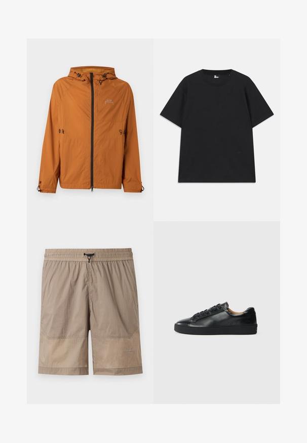 Veste légère à capuche orange rouille avec fermeture éclair noire à l'avant, cordons réglables à la capuche, à la taille et aux poignets, et logo sur la poitrine.; T-shirt noir à manches courtes en coton, avec un col rond et un petit logo près de l'ourlet. Texture lisse, coupe régulière.; Shorts beige pour hommes avec taille élastique, cordon noir réglable et logo AGW discret sur la partie inférieure de la jambe droite.; Baskets en cuir noir avec une texture lisse, bout rond et fermeture à lacets. Comprend une semelle en caoutchouc épaisse et un minimum de détails de marque.