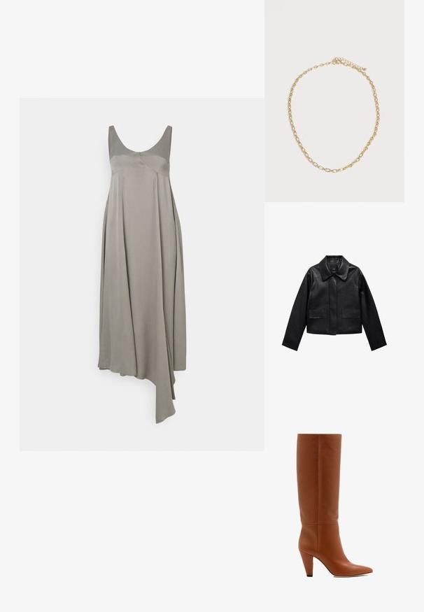 Zwart cropped leren jasje met een kraag, sluiting met voorste knopen en twee grote klepzakken. Vlotte textuur en gestructureerde vorm.; Mouwloze grijze jurk met een vloeiende silhouet, met een ronde halslijn en een asymmetrische zoom. Gemaakt van lichte, soepele stof.; Bruine leren laarzen tot de knie met een puntige neus, taps toelopende hak en een gladde textuur. Beschikt over een minimalistisch ontwerp zonder zichtbare accenten.; Dunne gouden ketting met ovale schakels en een verstelbare sluiting, in een cirkel gelegd op een effen witte achtergrond.