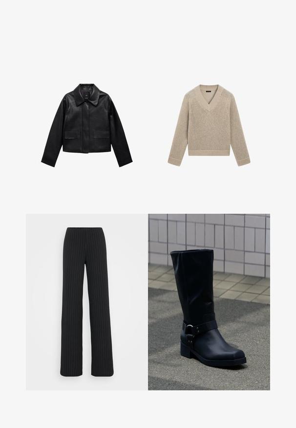 Sort cropped læderjakke med krave, frontlukning med knapper og to store flaplommer. Glat tekstur og struktureret form.; Beige strikket V-hals sweater med lange ærmer og ribkanter ved ærmeafslutning og kant, lagt fladt på en hvid baggrund.; Vero Moda Tall VMBERLIN MY WIDE - Bukser - obsidian/oatmeal; Sort læderstøvle midt på læggen med lav blokhæle og en dekorativ rem med metal spænde rundt om anklen, på en flisebelagt fortov.