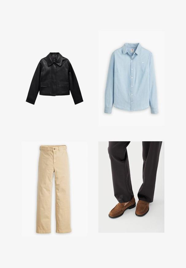 Sort cropped læderjakke med krave, frontlukning med knapper og to store flaplommer. Glat tekstur og struktureret form.; Lyseblå skjorte med knapper lavet af blødt denimstof. Har en klassisk krave og lange ærmer, med et lille logo på brystet.; Beige, lige ben bukser lavet af en blanding af bomuldsstof, med knaplukning og standard lommer foran og bagpå.; Brune loafers i ruskind med en glat tekstur, der har syninger foran og en sort gummisål, kombineret med sorte bukser.
