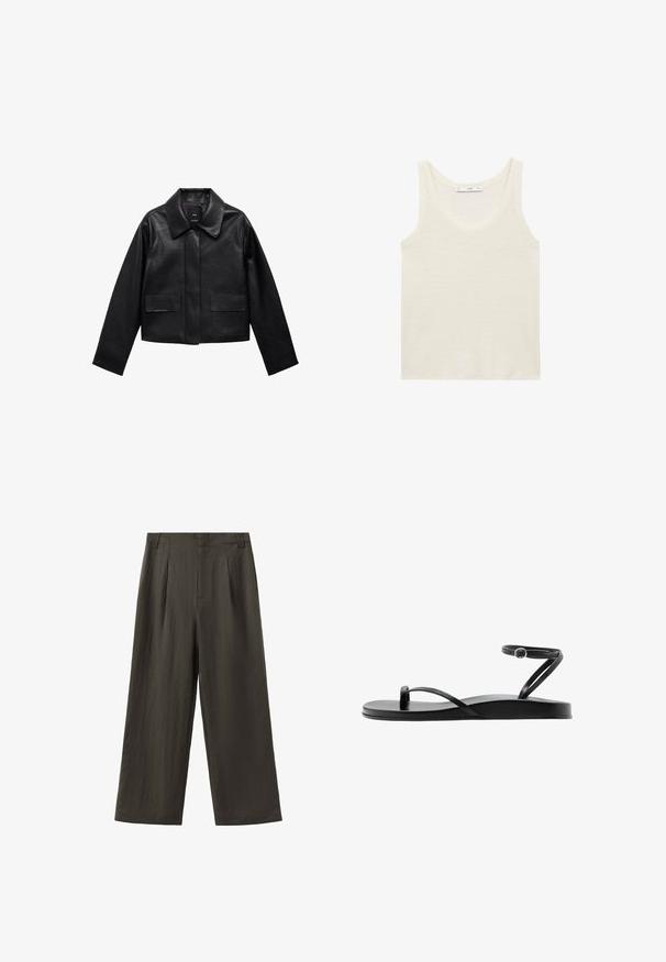 Sort cropped læderjakke med krave, frontlukning med knapper og to store flaplommer. Glat tekstur og struktureret form.; Hvid tanktop lavet af letvægtsstof. Har en rund halsudskæring og brede armhuller, med en glat tekstur og minimalistisk design.; Vide bukser i mørk olivengrøn med bæltestropper, forreste læg og skjult forlukning foran.; Sort flad sandal med tynde remme, tåloop og anklerem med en lille rund spænde, vist i sideprofil.