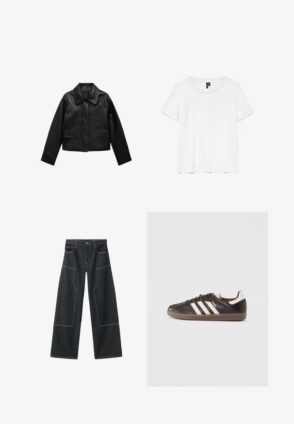 Musta lyhyt nahkatakki, jossa on kaulus, etupuolella napitus ja kaksi suurta läppätaskua. Sileä pinta ja muotoiltu rakenne.; Valkoinen lyhythihainen t-paita pyöreällä kaula-aukolla, valmistettu kevyestä kankaasta. Yksinkertainen muotoilu, sileä pinta ja suora helma.; Tummansiniset leveälahkeiset farkut, joissa on suuret etutaskut ja erottuva vaalean béžhe ompelu. Varustettu nappikiinnityksellä ja vyölenkeillä.; Tummanruskeat nahkakengät, joissa valkoinen kolmiraidallinen kuvio, kumipohja ja sivussa kullanvärisellä kirjaimilla teksti "Samba". Klassinen matala malli.