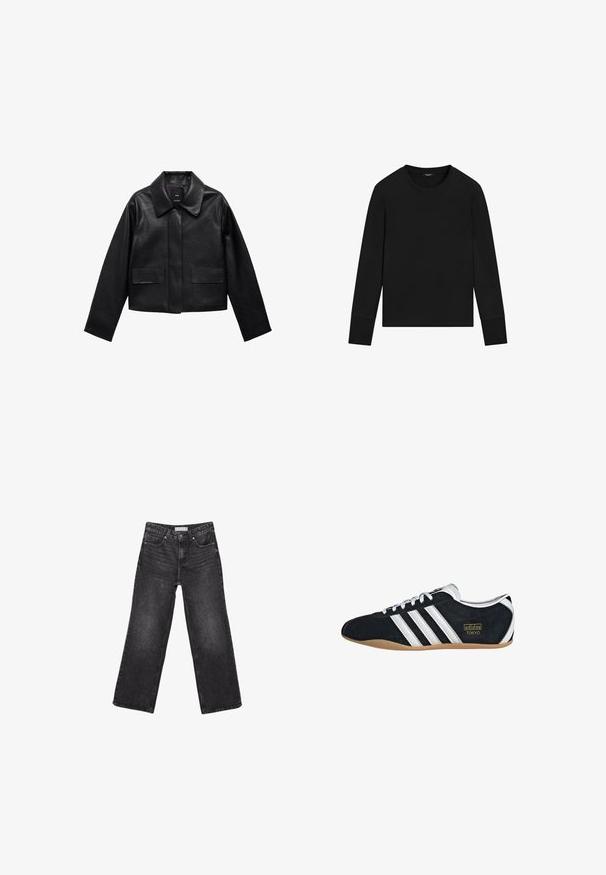 Sort cropped læderjakke med krave, frontlukning med knapper og to store flaplommer. Glat tekstur og struktureret form.; Sort langærmet crewneck-shirt med tætsiddende manchetter og enkelt, ubemærket design på hvid baggrund.; Sorte denimjeans med brede ben, for- og baglommer, knaplukning og bæltestropper, lagt fladt på en hvid baggrund.; Sort ruskinds sneaker med hvide tre striber, guldlogo og en brun gummisål. Har et lavprofil snørebåndsdesign.