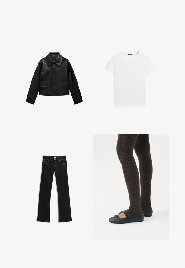 Sort cropped læderjakke med krave, frontlukning med knapper og to store flaplommer. Glat tekstur og struktureret form.; Almindelig hvid T-shirt med korte ærmer, rund halsudskæring og lille sort label inden i kraven.; Sorte denimjeans med høj talje, dobbelte sølvknapper, lommer foran og bagpå samt hvid kontrastsyning.; Ben iført mørke ribbede leggings kombineret med sorte balletsko med små sløjfedetaljer på hvid baggrund.